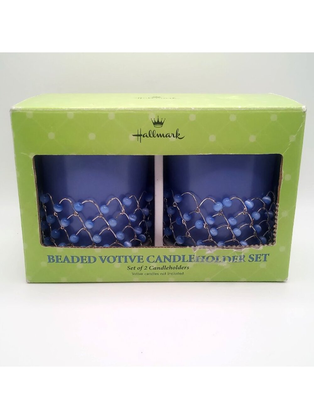 Hallmark Beaded Votive Candleholder Set Of 2 Blue Glass Silver Metal Design Deco